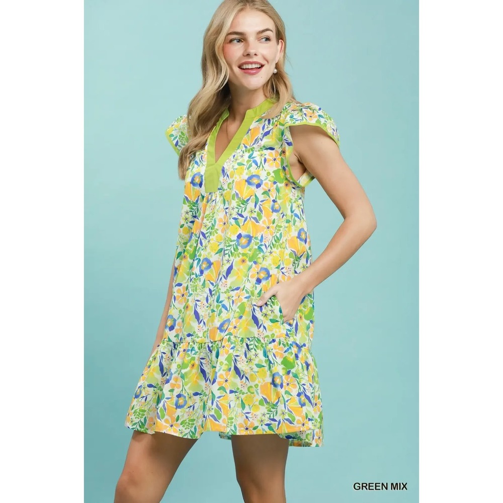 Umgee Floral Flutter Sleeve Tiered Mini Dress - Green Mix - Small - Picture 2 of 5